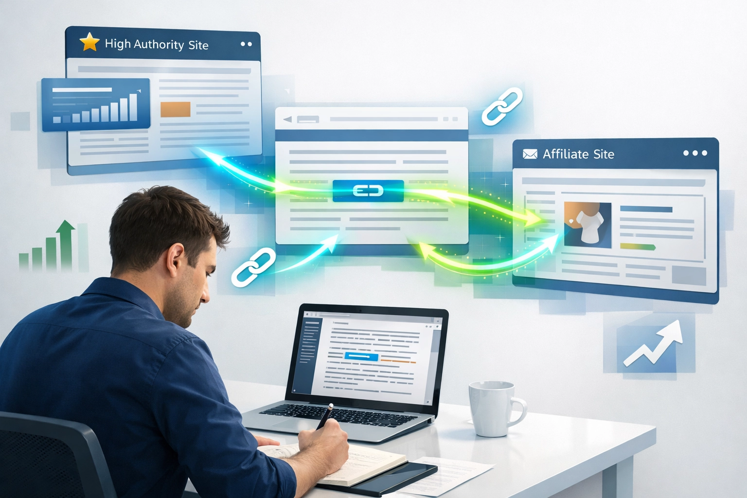 Gastbloggen-concept toont backlinks die websites verbinden met link equity afkomstig van gezaghebbende sites