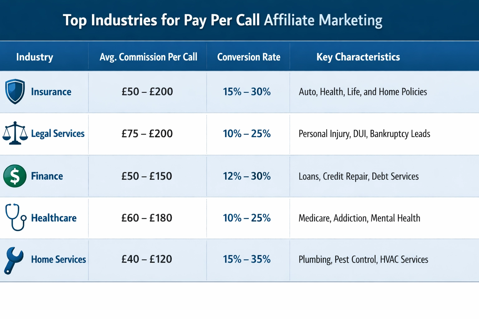 Top industries for pay per call marketing with commission ranges and characteristics