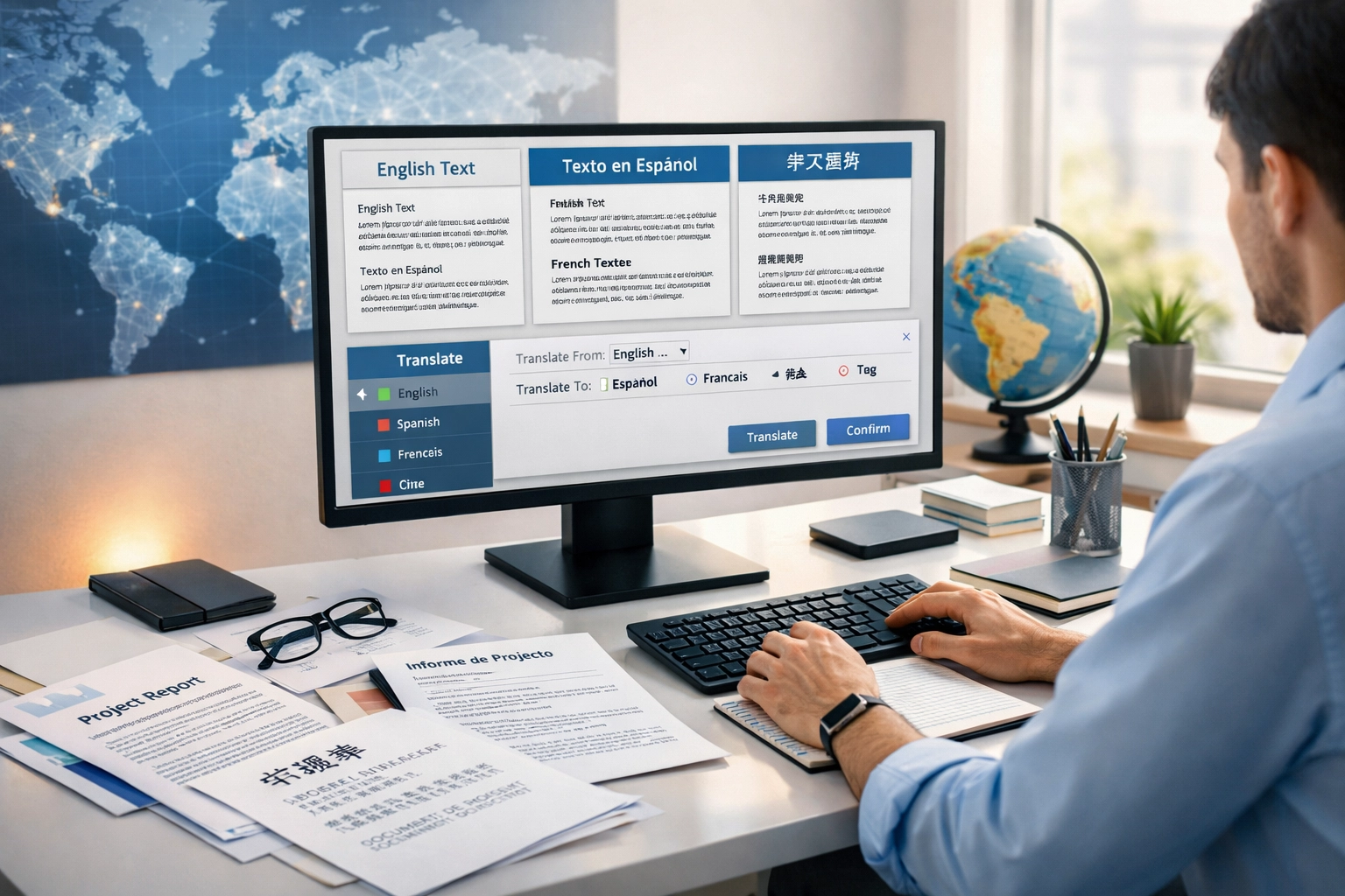 Professionele werkplek met vertaling van meertalige content en documenten in verschillende talen