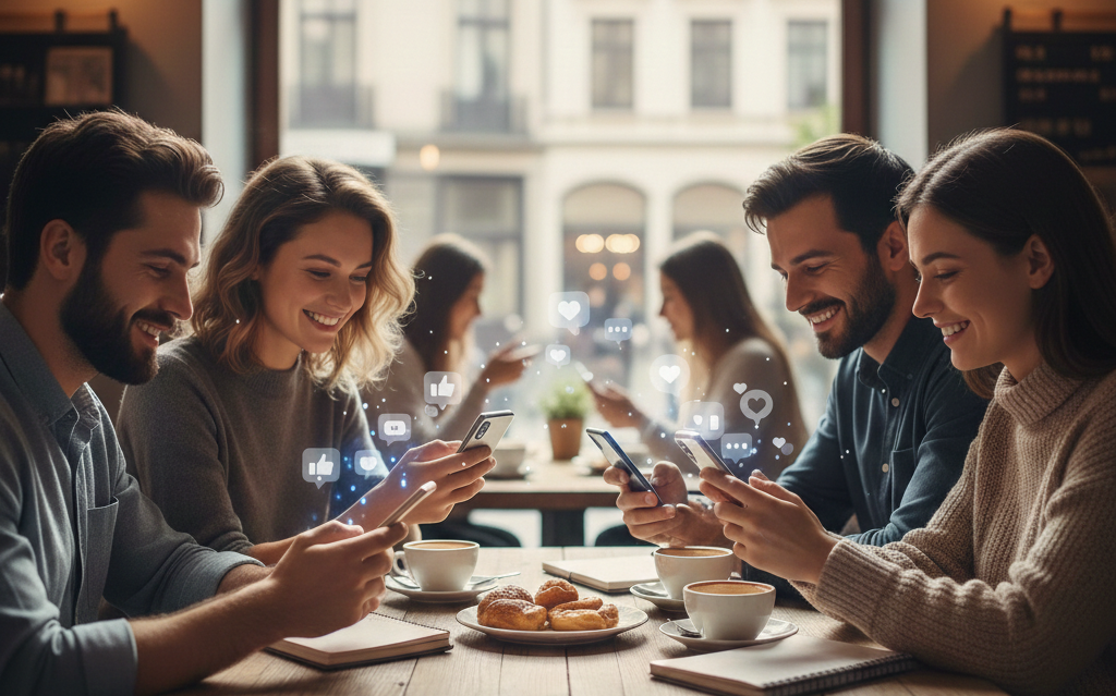 Groep diverse mensen zittend aan een tafel die social media analytics en betrokkenheidsstatistieken bekijken op hun mobiele apparaten
