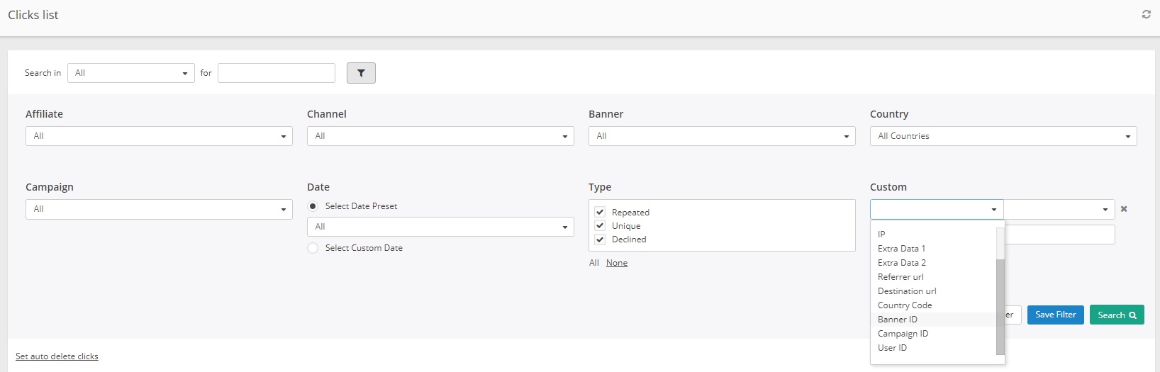Post Affiliate Pro - Clicks list custom filters