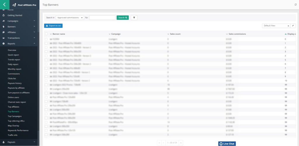 Post Affiliate Pro top banners report