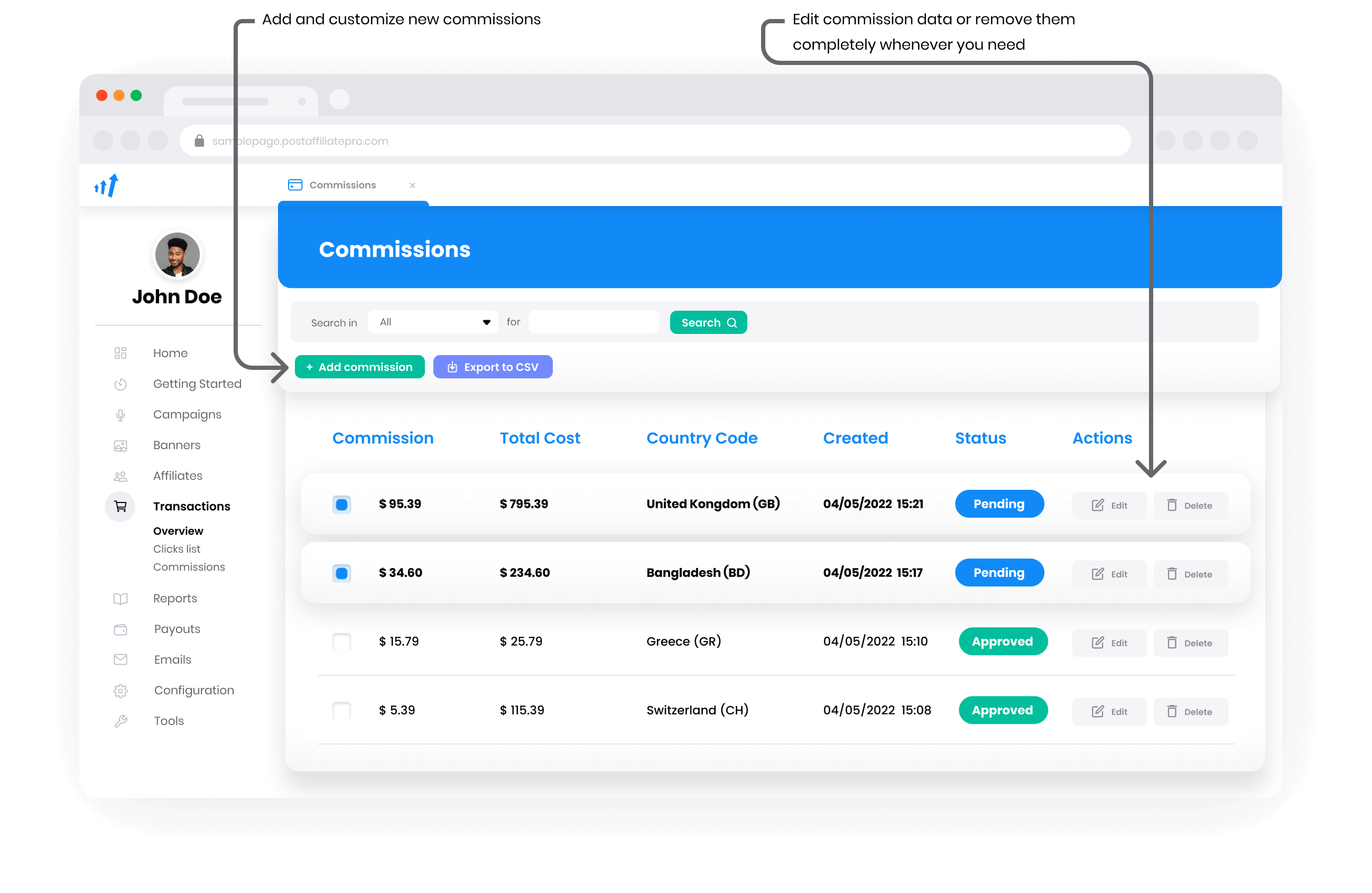 Commissies & Uitbetalingen overzicht in Post Affiliate Pro
