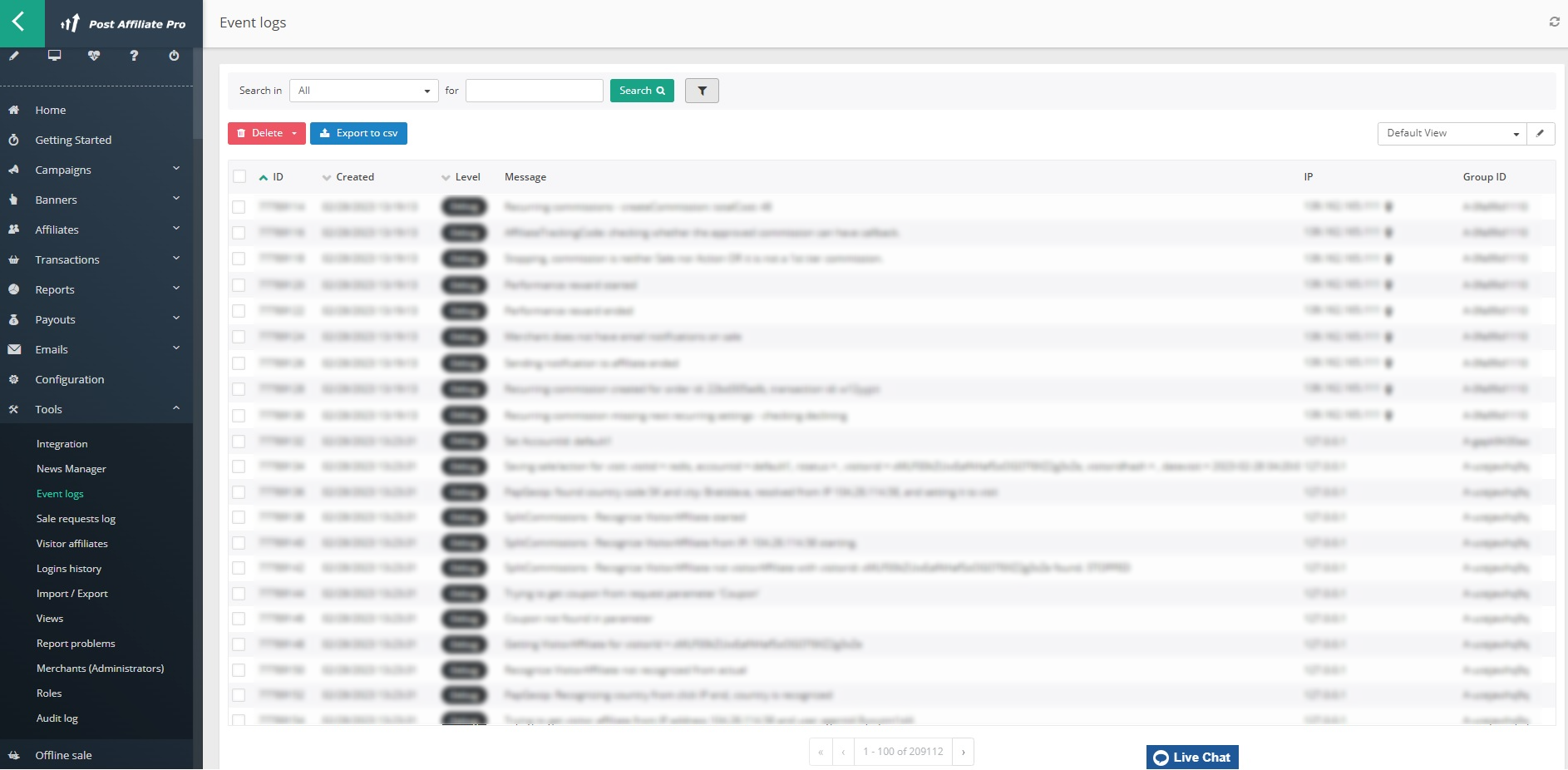 Post Affiliate Pro - Overzicht events log