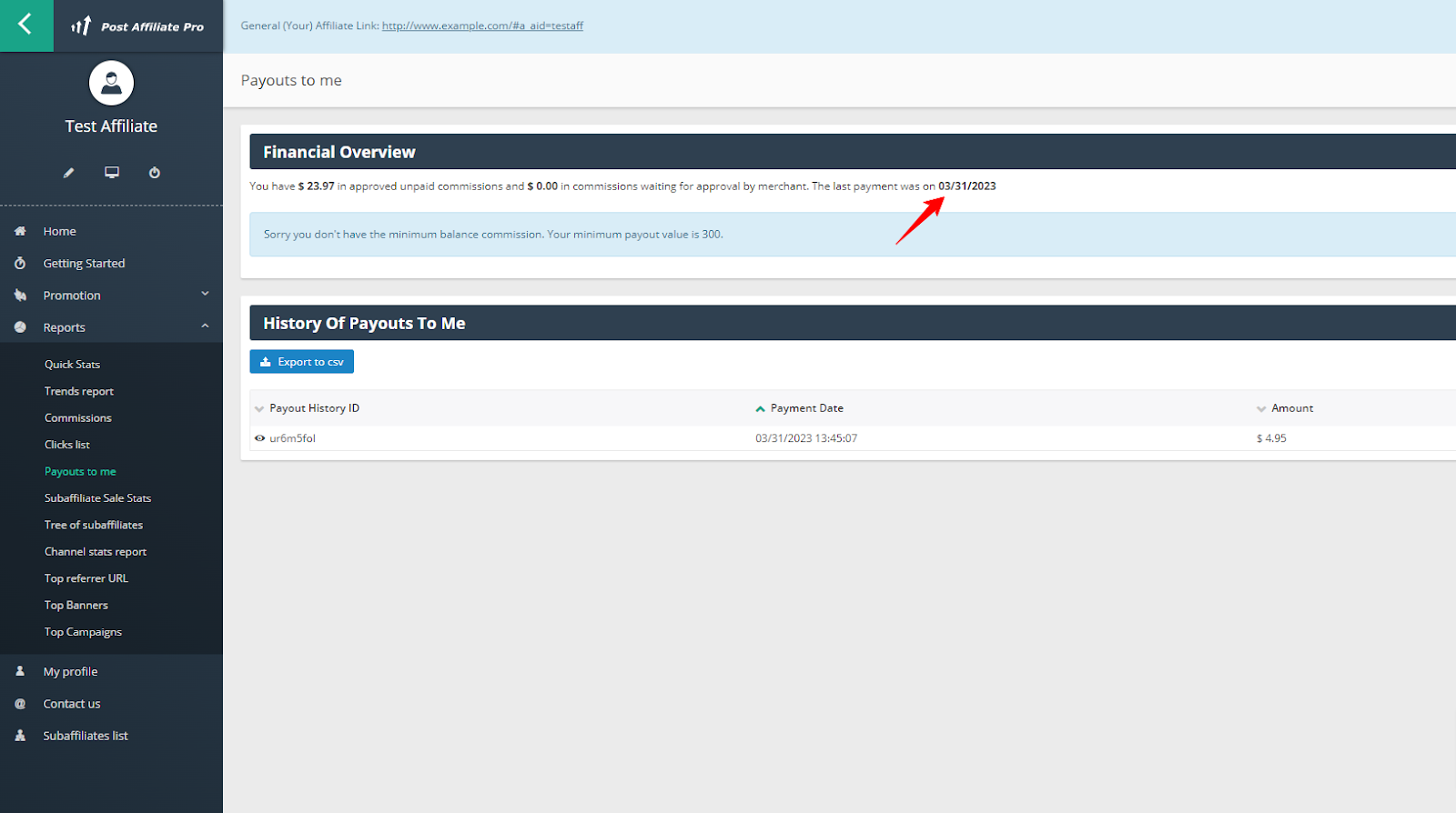 Affiliate paneel met financieel overzicht, uitbetalingsgeschiedenis en navigatiemenu