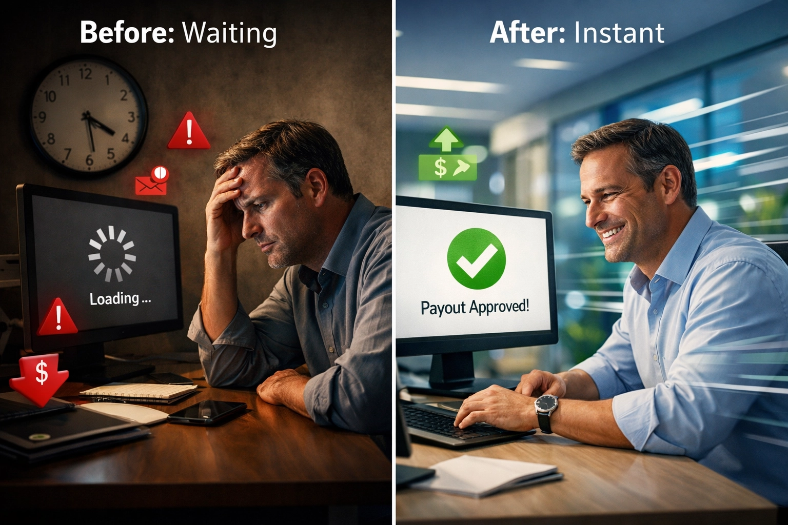 Affiliate-uitbetalingen evolutie met weergave van handelaarservaring voor en na