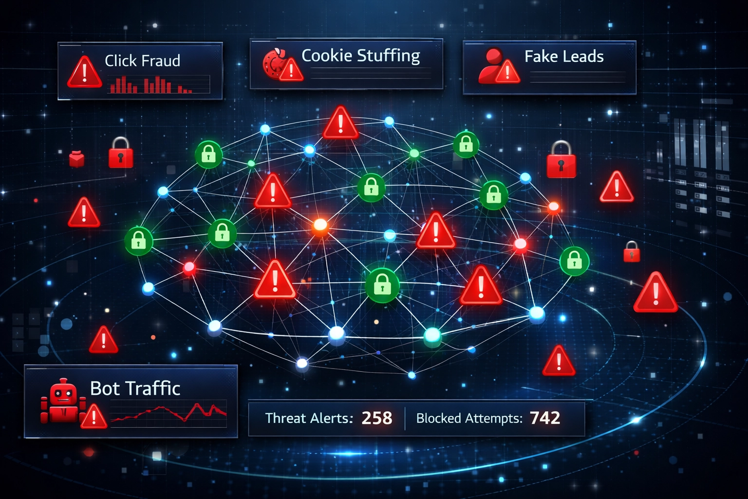 Digitale beveiligingsdreigingen met affiliatefraude en cybersecuritydashboard