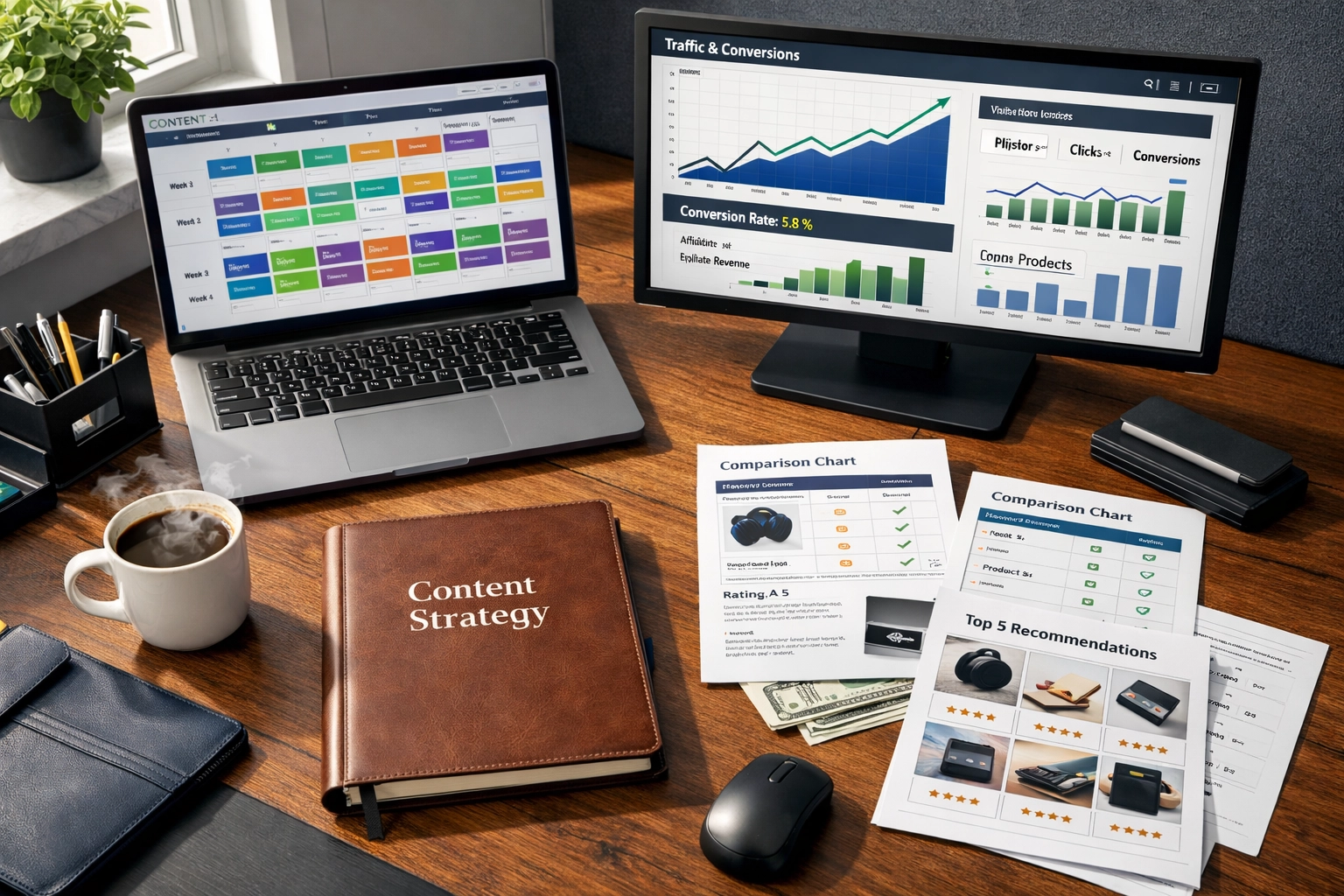 Professionele werkplek met affiliate marketing contentstrategie, kalender en analytics dashboard