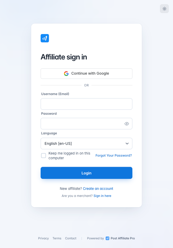 Post Affiliate Pro Aanmelden met Google-knop op het inlogscherm