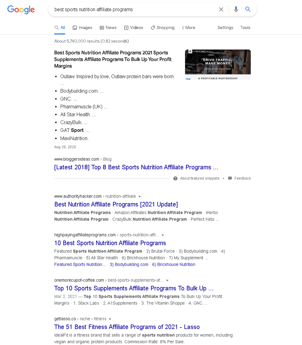 Google resultaten voor beste sportvoeding affiliateprogramma's