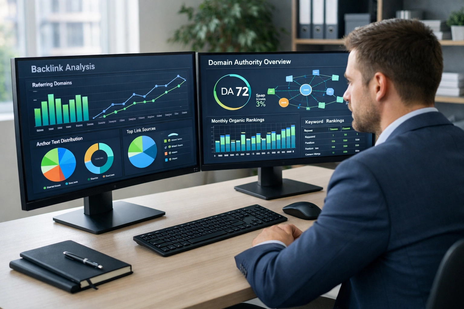 Affiliate marketer analysing linkbuildingstrategieën en SEO-metrics