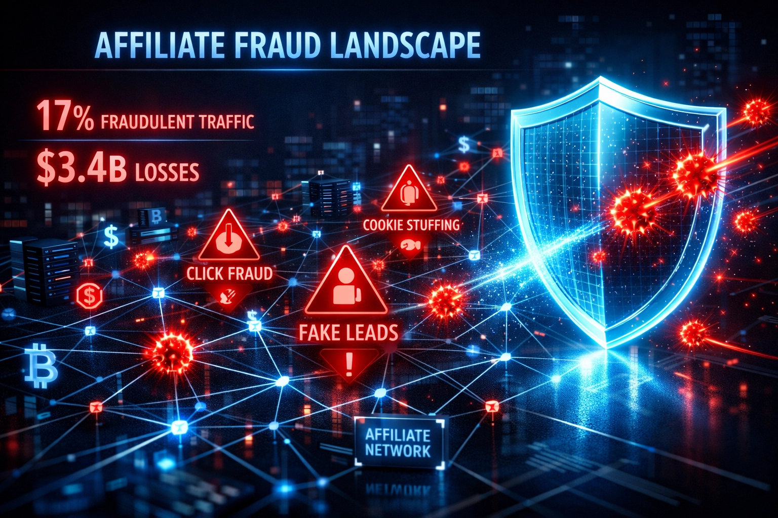 Affiliate fraud landscape visualization showing cybersecurity threats and fraud detection