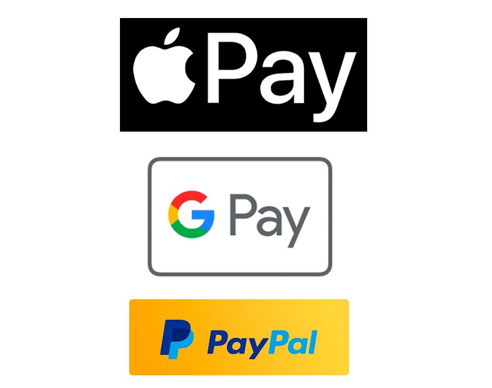 Apple Pay, Google Pay en PayPal logo's