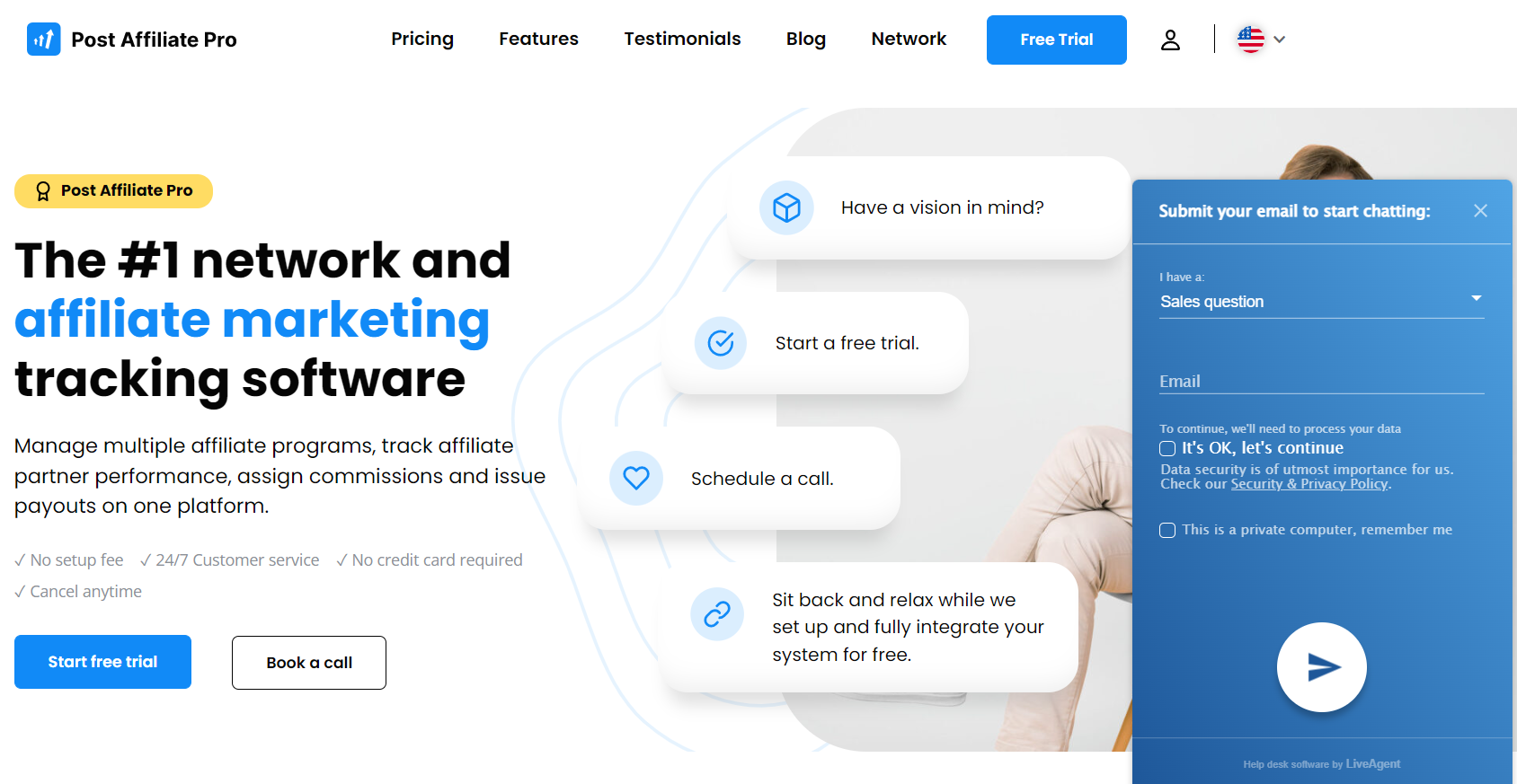 Live chat op de Post Affiliate Pro-pagina