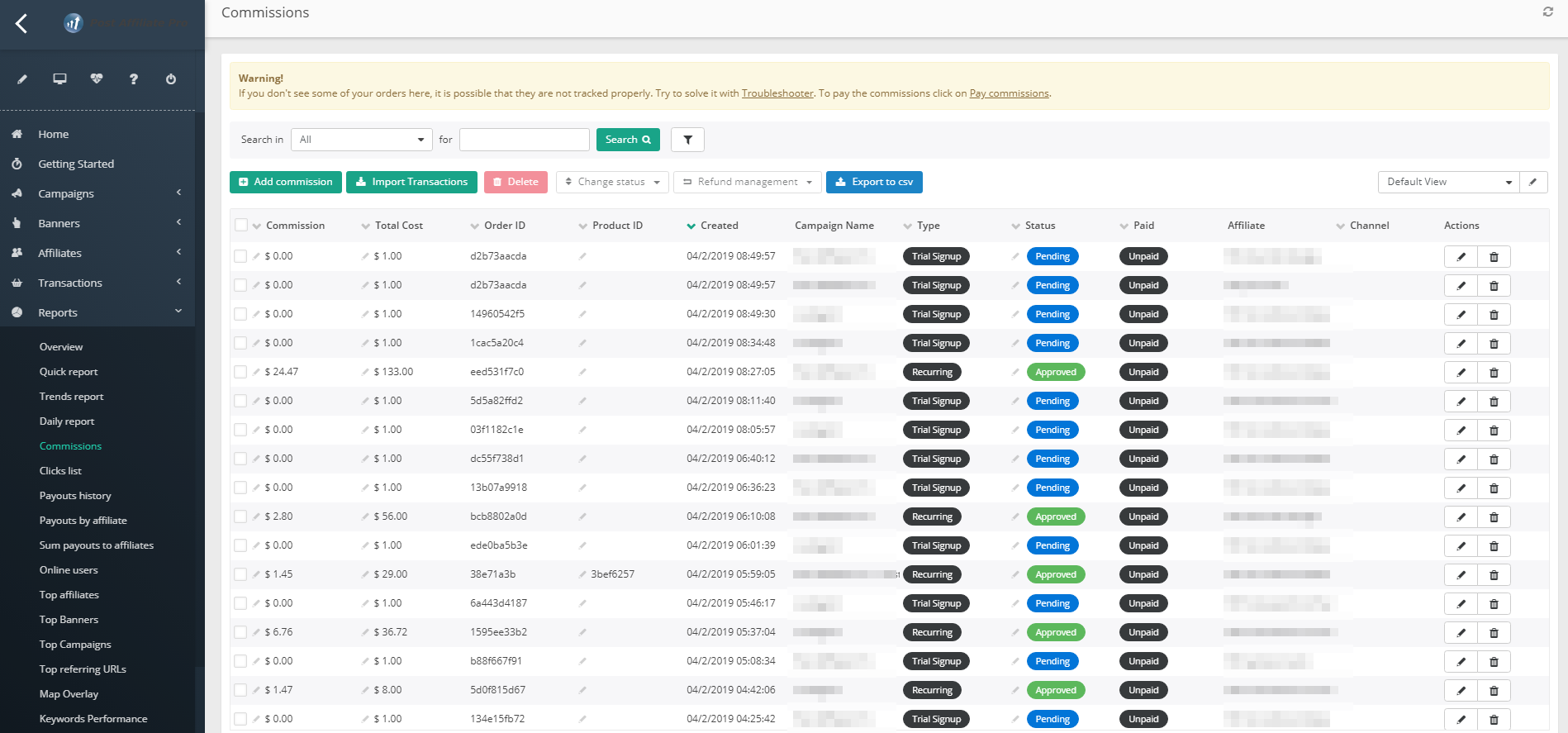 Post Affiliate Pro rapportagedashboard toont commissies