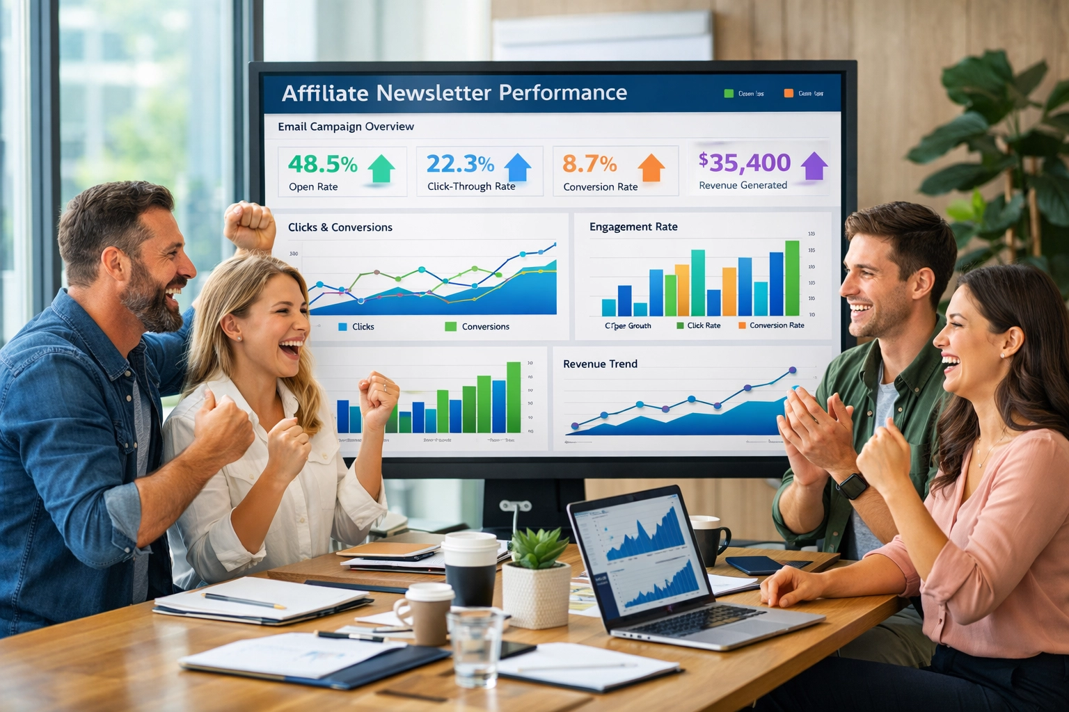 Dashboard van succesvolle affiliate nieuwsbriefstatistieken met team dat groei en succes viert