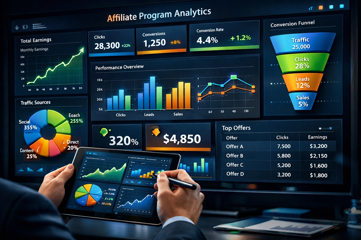 Affiliateprogramma analytics dashboard met prestatiemetrics en KPI-tracking