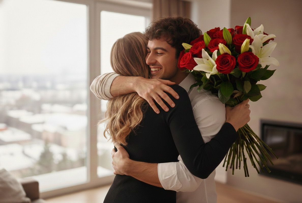 Een vrouw met bloemen die een man omhelst