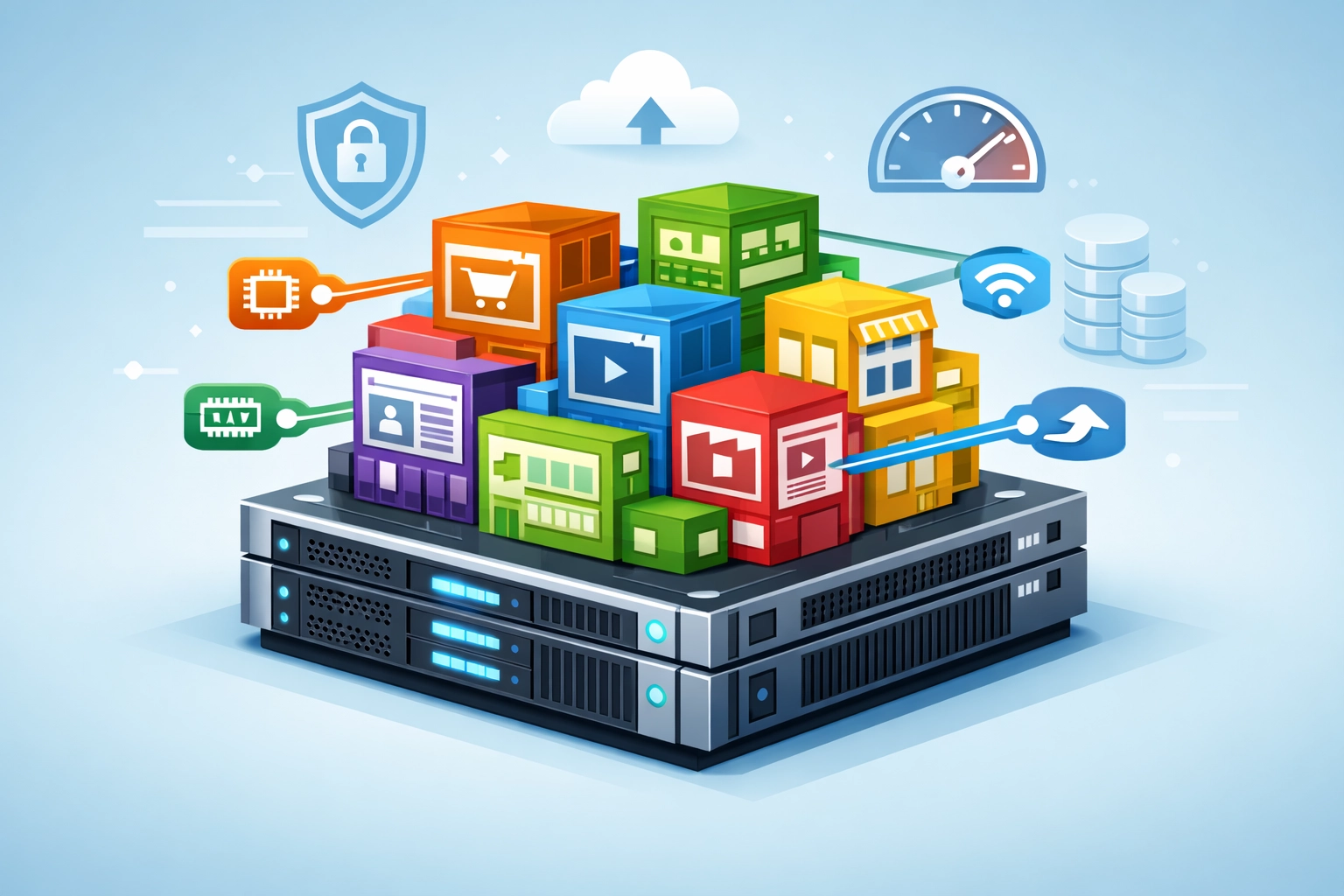 Concept van gedeelde webhosting waarbij meerdere websites bronnen delen op één server