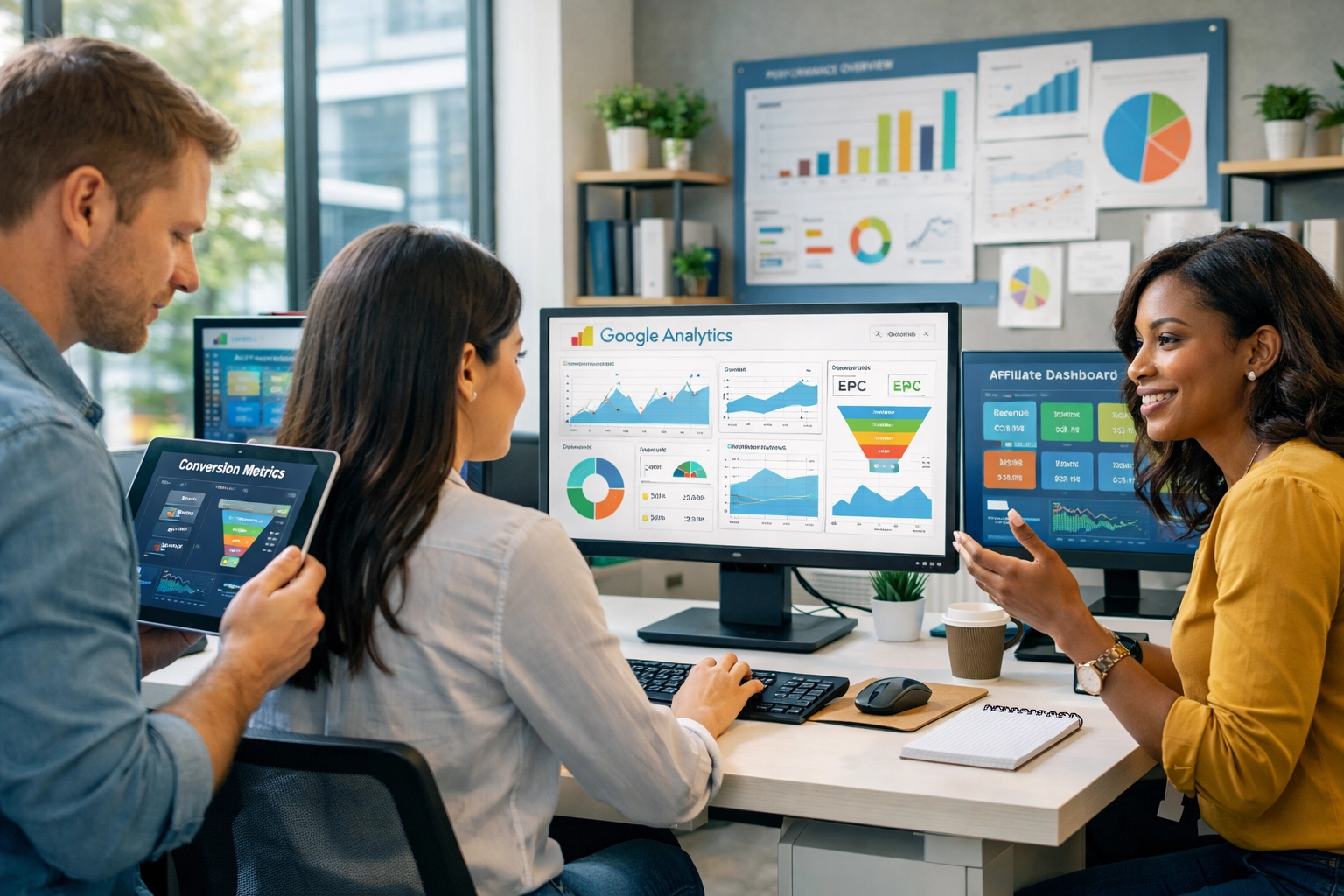 Professioneel affiliate marketingteam analyseert data en statistieken op meerdere computerschermen in een moderne kantooromgeving