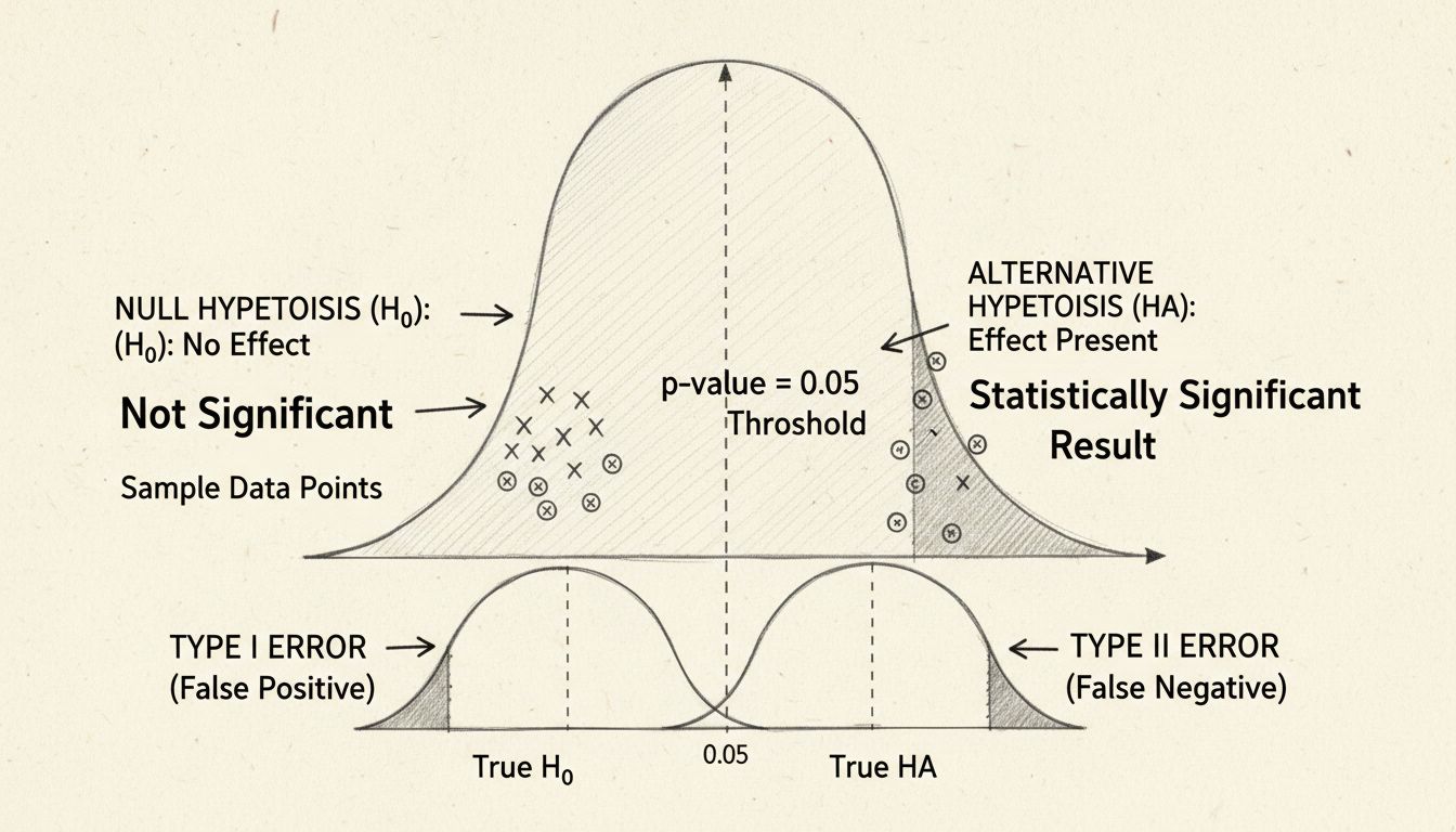 Statistische significantie klokvormige grafiek die p-waarde drempel, nulhypothese, alternatieve hypothese en Type I en Type II fouten toont