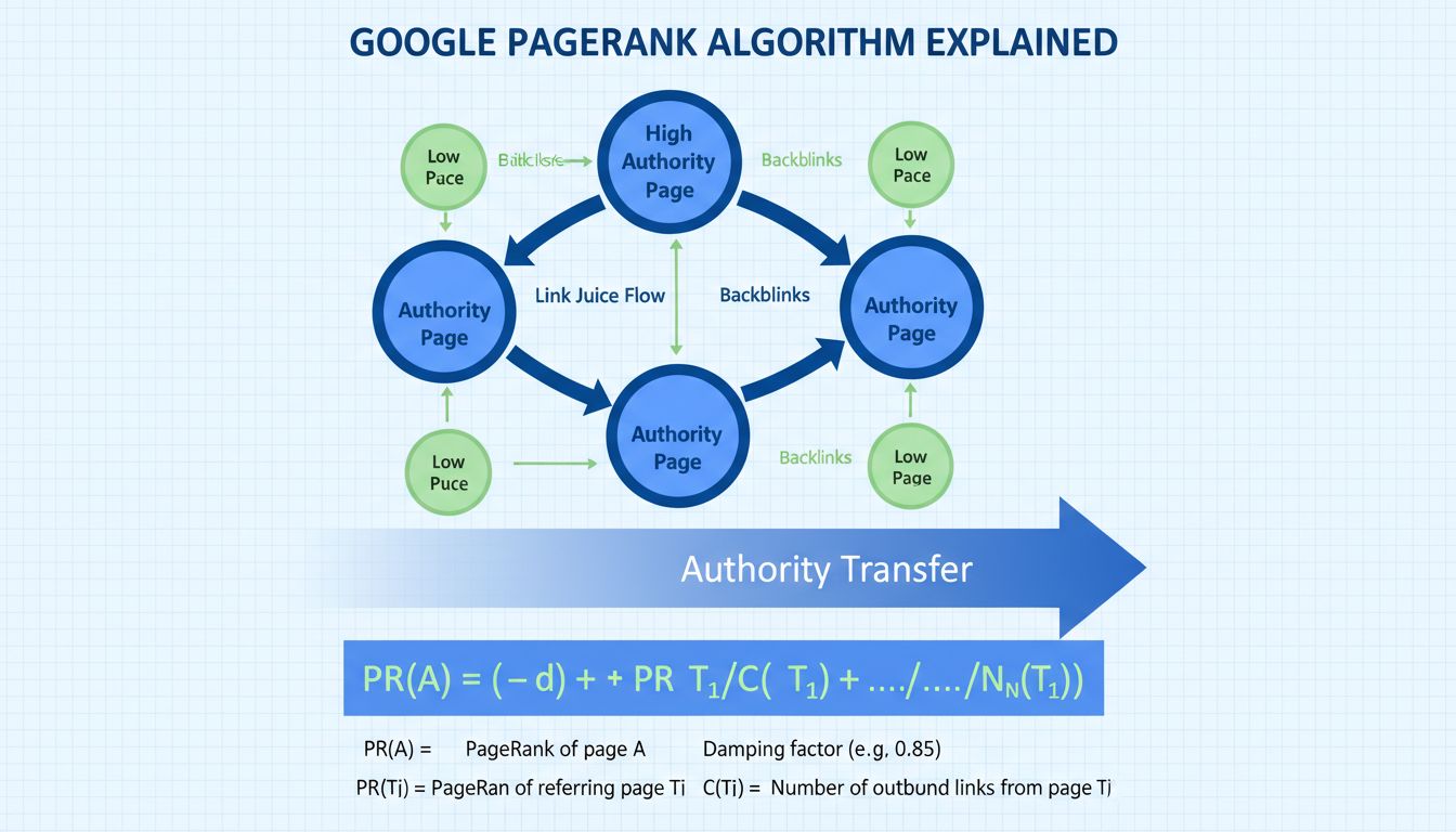 PageRank algoritme netwerkschema dat linkflow en autoriteitsoverdracht tussen webpagina's toont