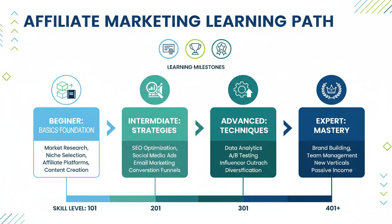 Affiliate marketing leercurve van beginner tot gevorderd met een stapsgewijze reis: basis leggen, intermediaire strategieën, geavanceerde technieken en expertbeheersing
