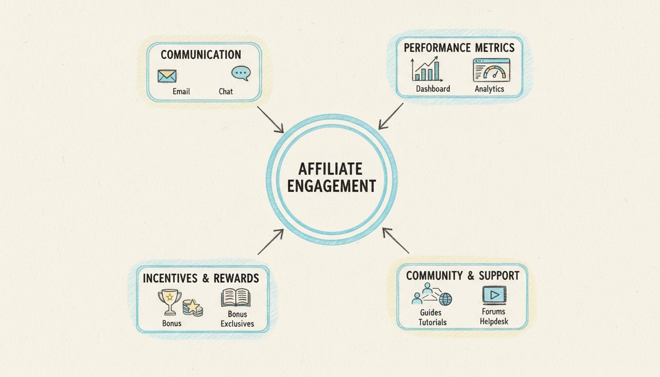 Affiliate engagement strategie-raamwerk met communicatie, prestatiestatistieken, incentives, training en community-ondersteuning