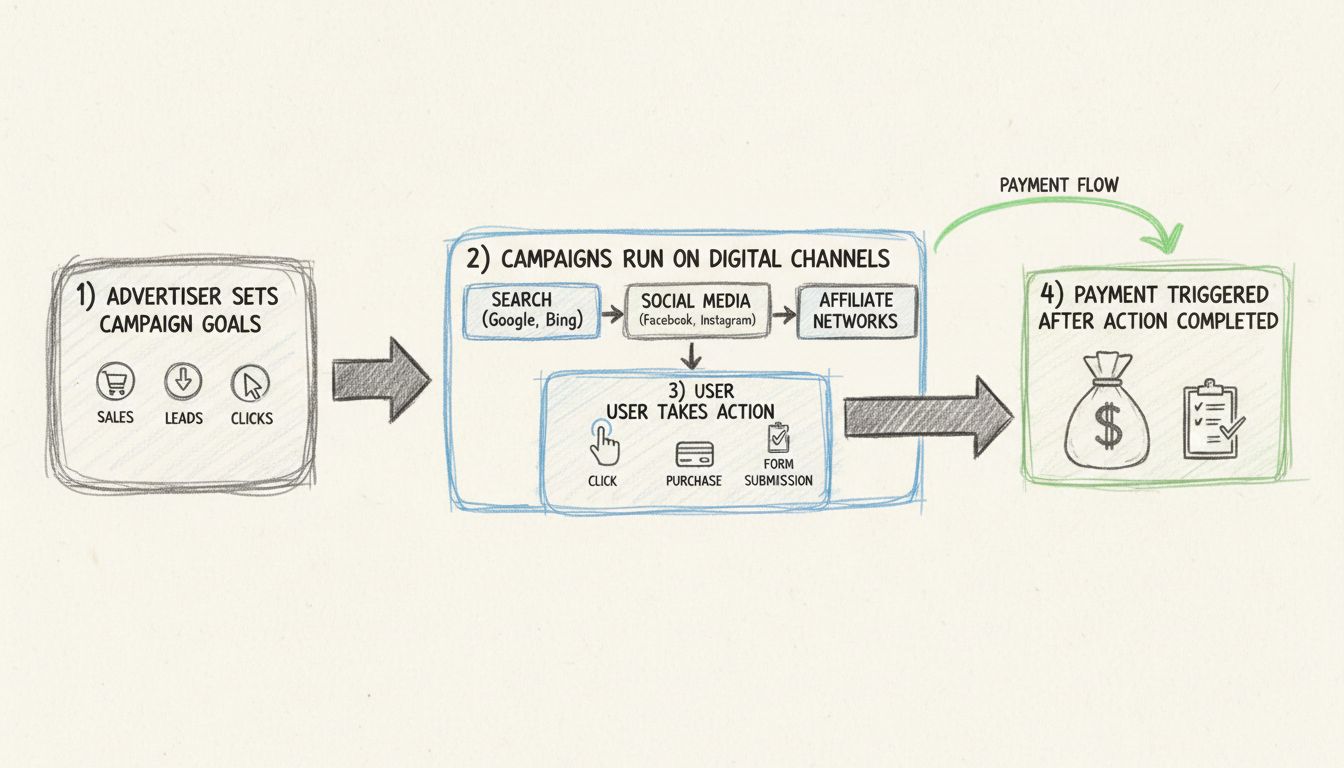 Diagram van prestatiegerichte marketingworkflow met campagnedoelen, digitale kanalen, gebruikersacties en betalingstriggers