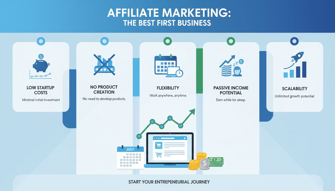 Infographic die de voordelen van affiliate marketing als eerste bedrijf laat zien, zoals lage kosten, flexibiliteit, passief inkomen en schaalbaarheid