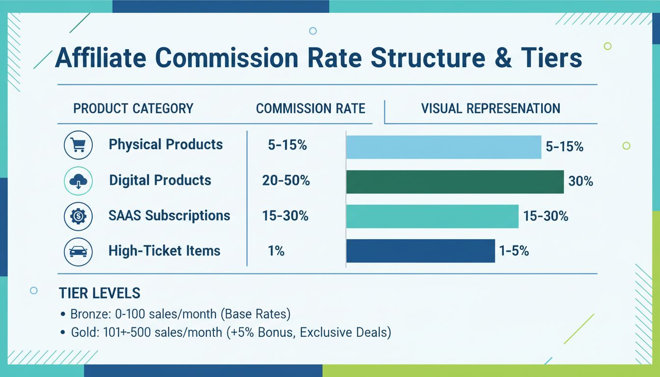 Structuur van affiliatecommissiepercentages met verschillende productcategorieën, percentagebereiken en visuele vergelijkingsbalken