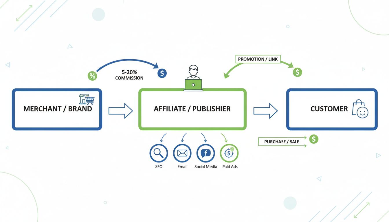 Affiliate marketing ecosysteem met merchant, affiliate en klantrelaties met commissieflow