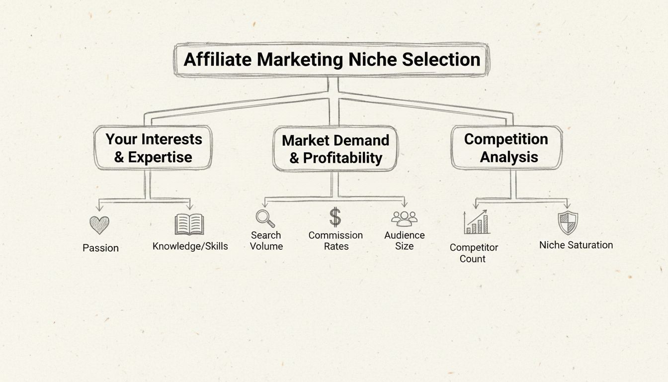 Beslissingsboomdiagram voor het kiezen van een affiliate marketing niche met drie hoofdvertakkingen: interesses en expertise, marktvraag en winstpotentieel, en concurrentieanalyse