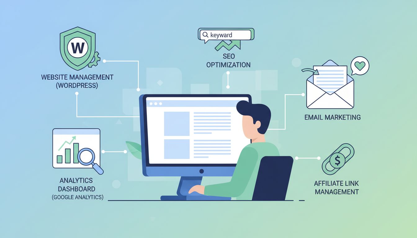 Infographic affiliate marketing technische vaardigheden: websitebeheer, analytics, SEO, e-mailmarketing en linkbeheer