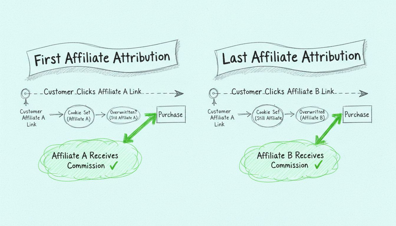 Diagram van affiliate-attributie: vergelijking van first- en last-touch-attributiemodellen met cookie-tracking