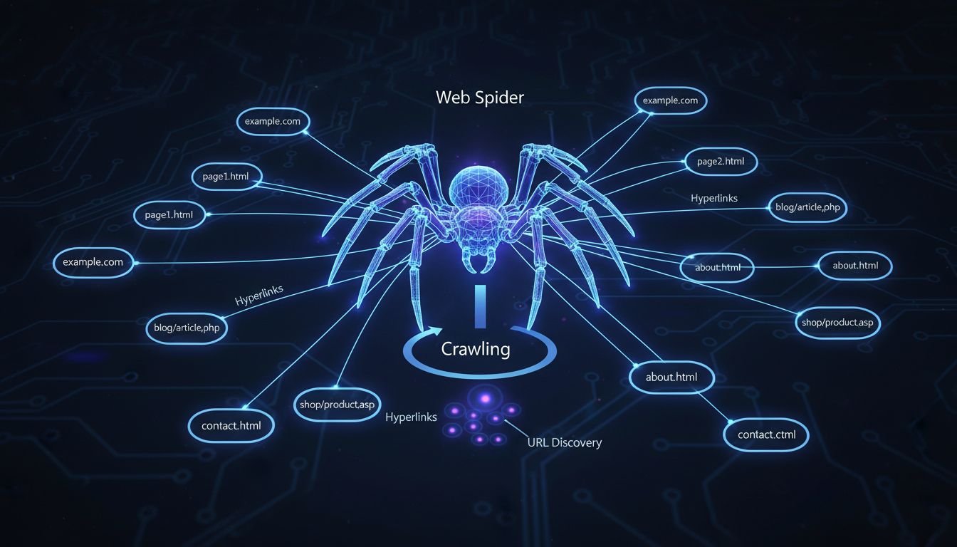 Technisch diagram dat toont hoe webspiders het internet crawlen met netwerkverbindingen en hyperlinks