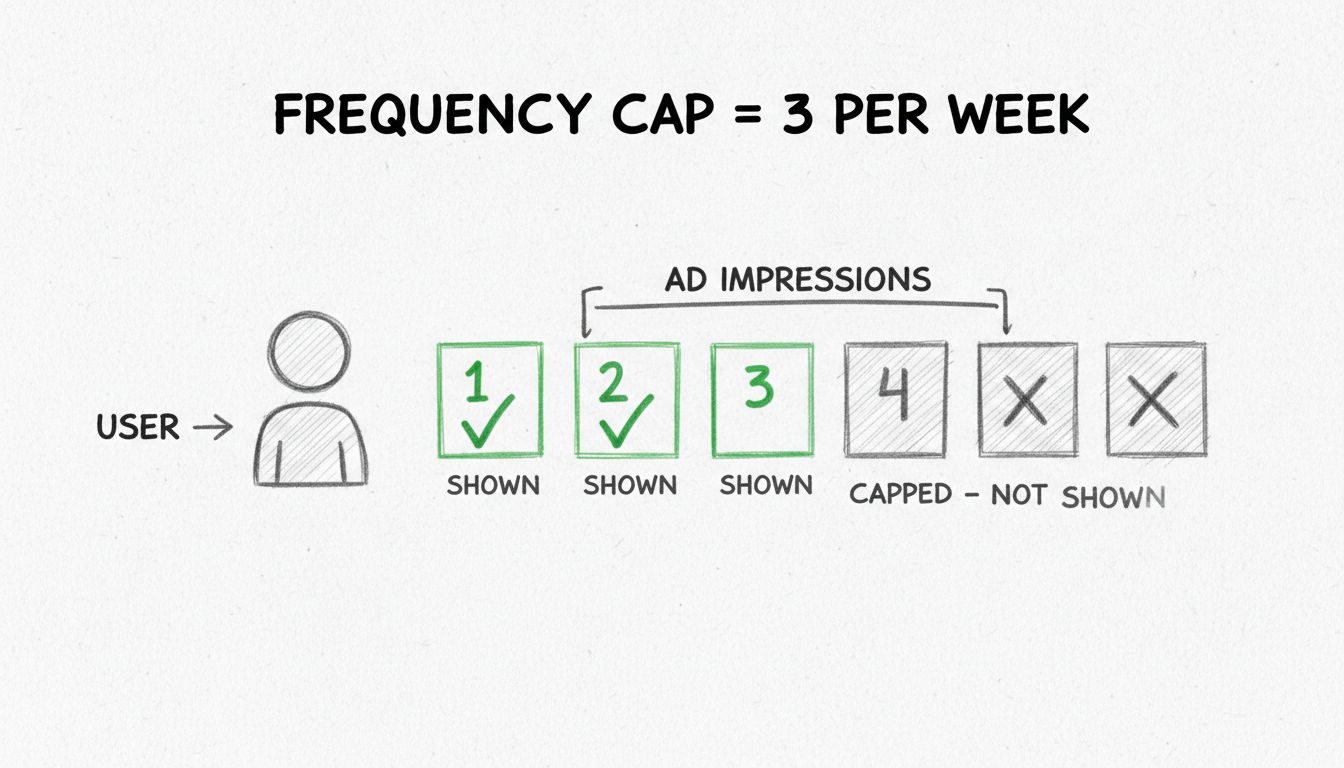 Diagram van frequency capping waarbij advertenties beperkt worden tot 3 vertoningen per gebruiker per week