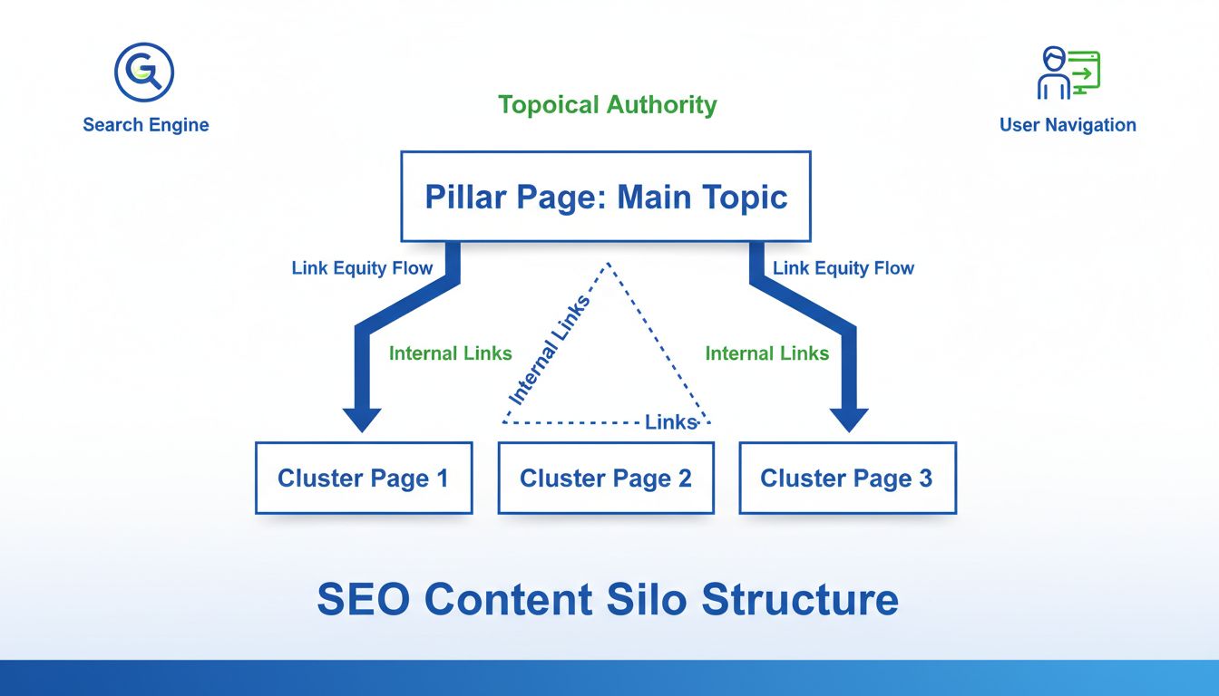 Diagram van content-silo structuur met pillar page verbonden aan clusterpagina's via interne links en linkwaardestroom