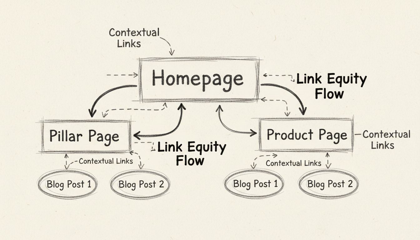 Handgetekend diagram dat interne linkingstructuur toont met homepage verbonden aan pillarpagina's, blogposts en productpagina's met pijlen voor link equity-stroom