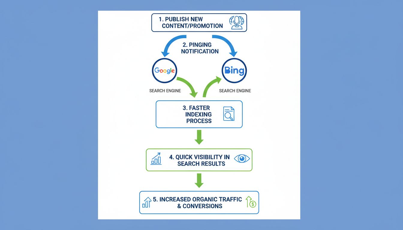 Infographic die laat zien hoe pingen affiliate marketeers helpt, met workflow van contentpublicatie via zoekmachinemelding naar snellere indexering en meer conversies