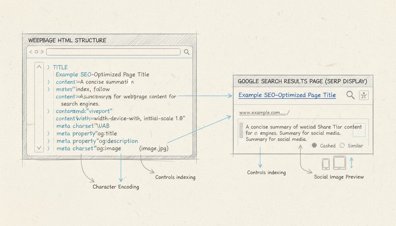 Handgetekend diagram dat de structuur van HTML-meta tags toont en hoe ze verbonden zijn met de weergave van zoekmachineresultaten