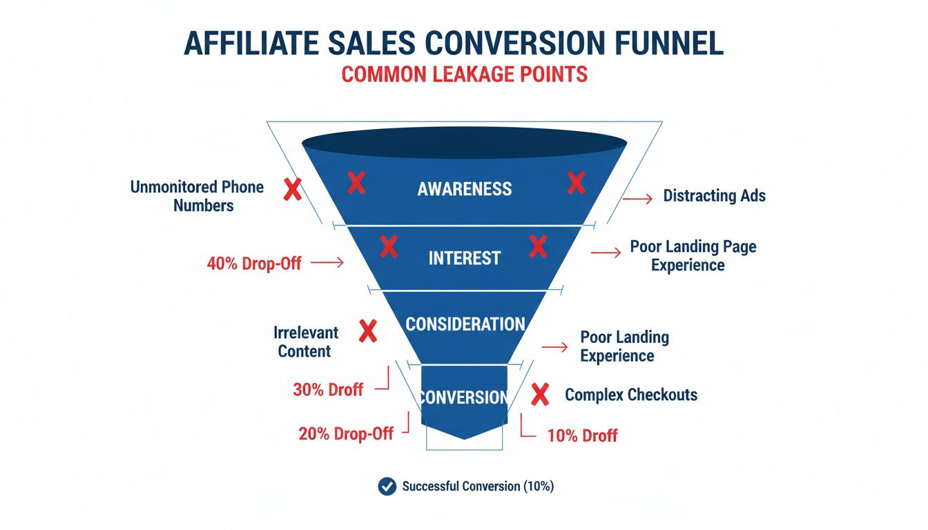 Affiliate sales conversiefunnel met lekpunten in elke fase, aangegeven met rode X-markeringen waar prospects afhaken