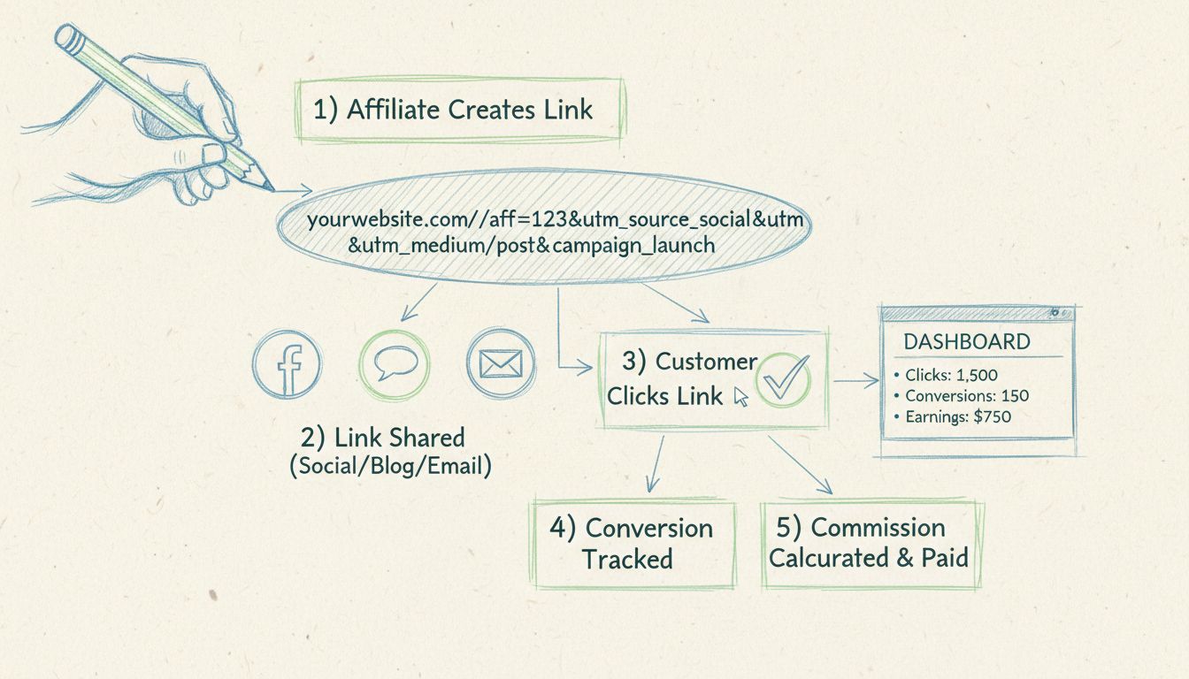 Affiliate link tracking workflow diagram showing the complete process from link creation through conversion tracking and commission payment