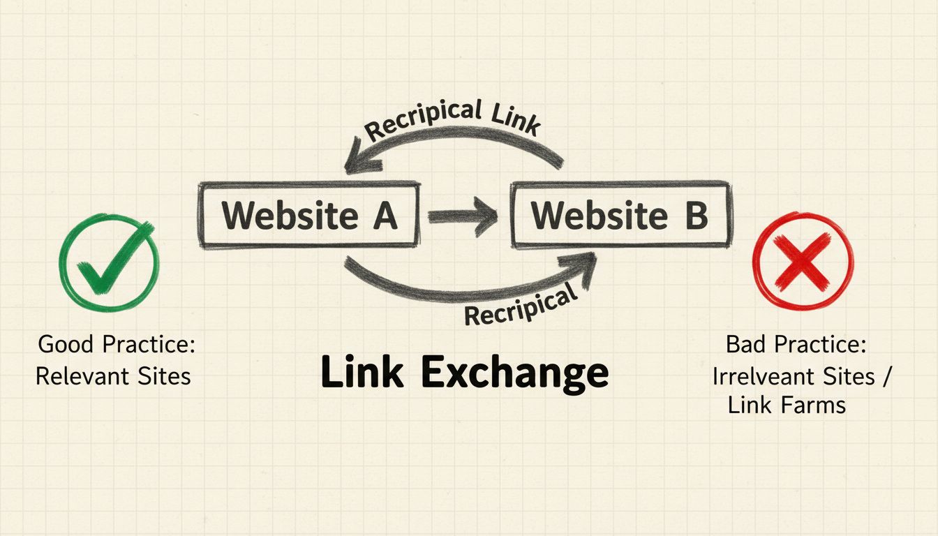 Met de hand getekend diagram met wederzijdse linking tussen twee websites met vinkje en kruisje, die goede en slechte praktijken aanduiden