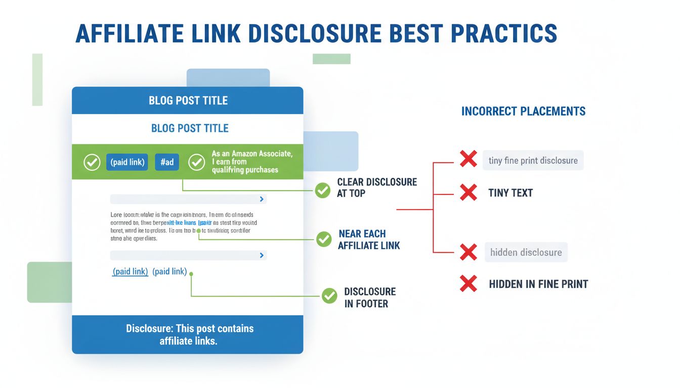 Affiliate disclosure best practices infographic showing proper placement and examples