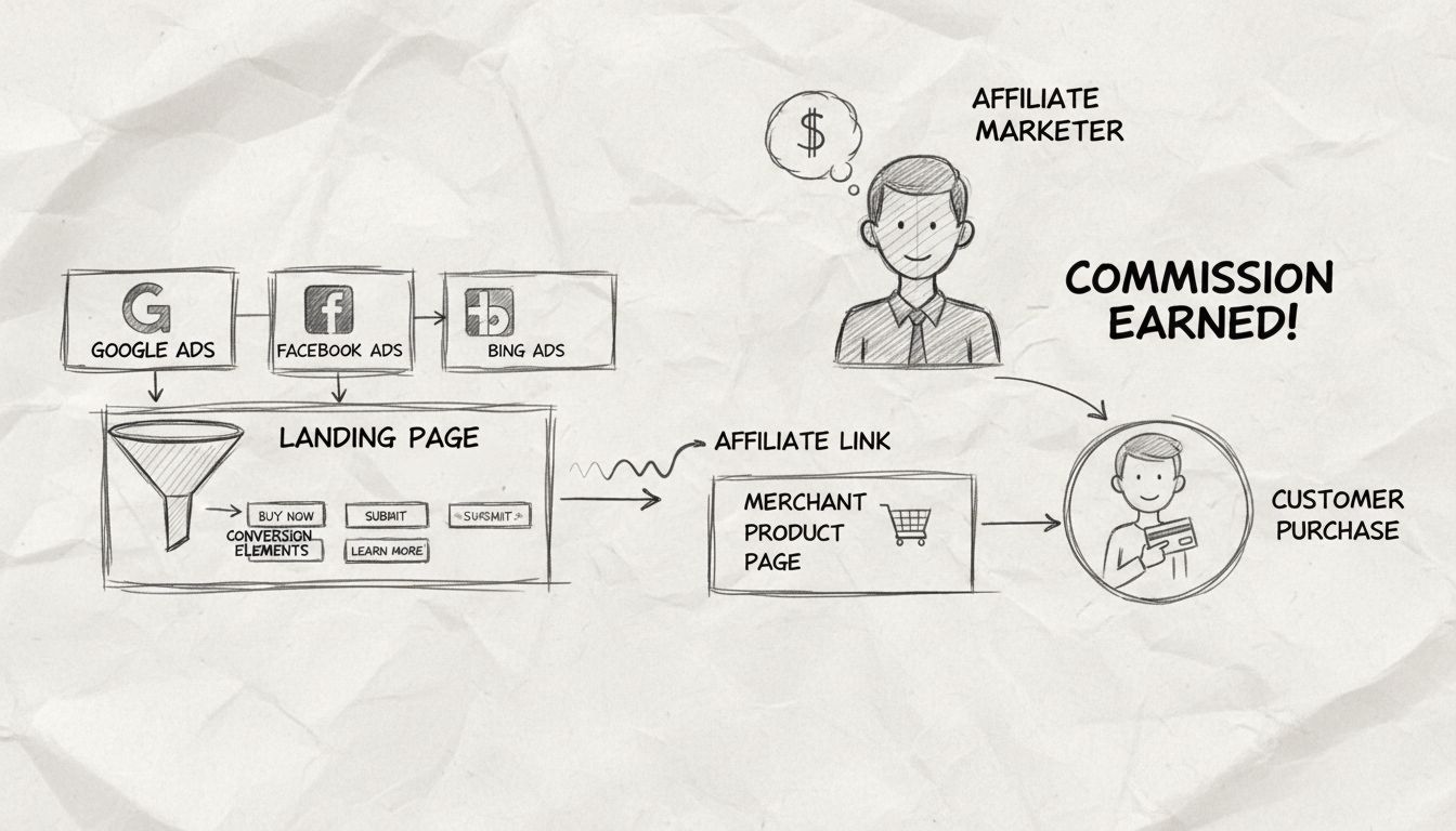 Diagram van het PPC affiliate marketingproces dat de flow toont van affiliate marketeer via PPC-platforms naar landingspagina's en klantenaankopen