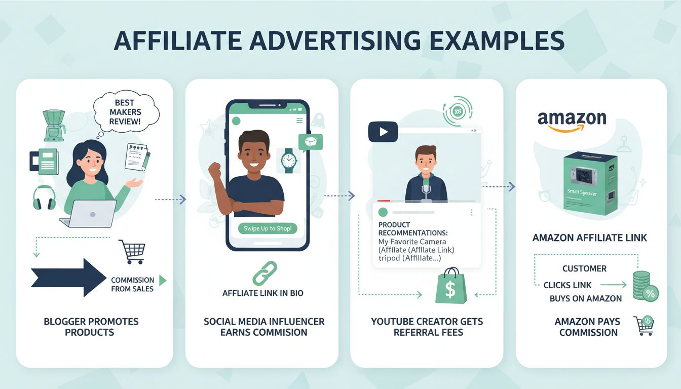 Voorbeelden van affiliate advertising met blogger, influencer, YouTube-maker en Amazon-affiliatelink met commissieflow