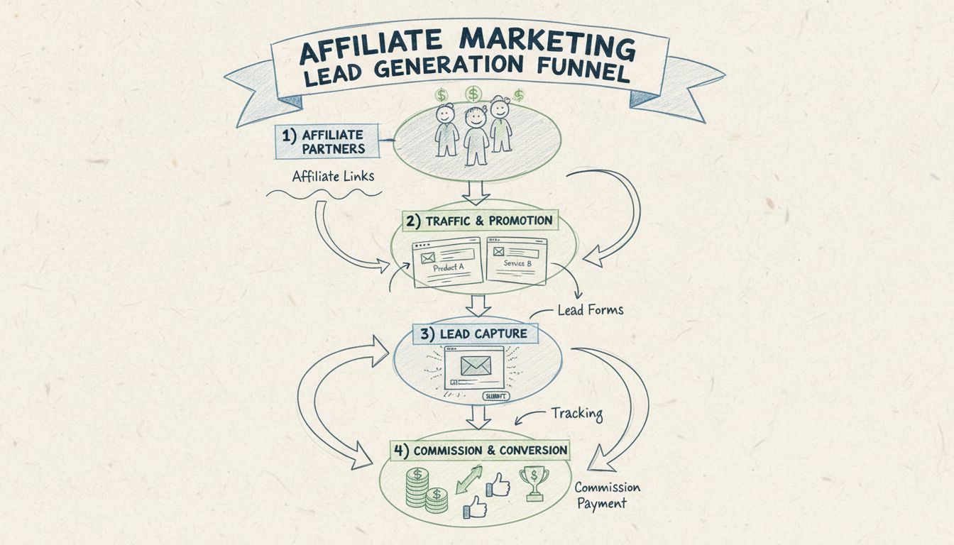 Affiliate Marketing Lead Generation Funnel - toont de stappen van affiliate-partners via traffic promotie, lead capture formulieren en commissiebetaling