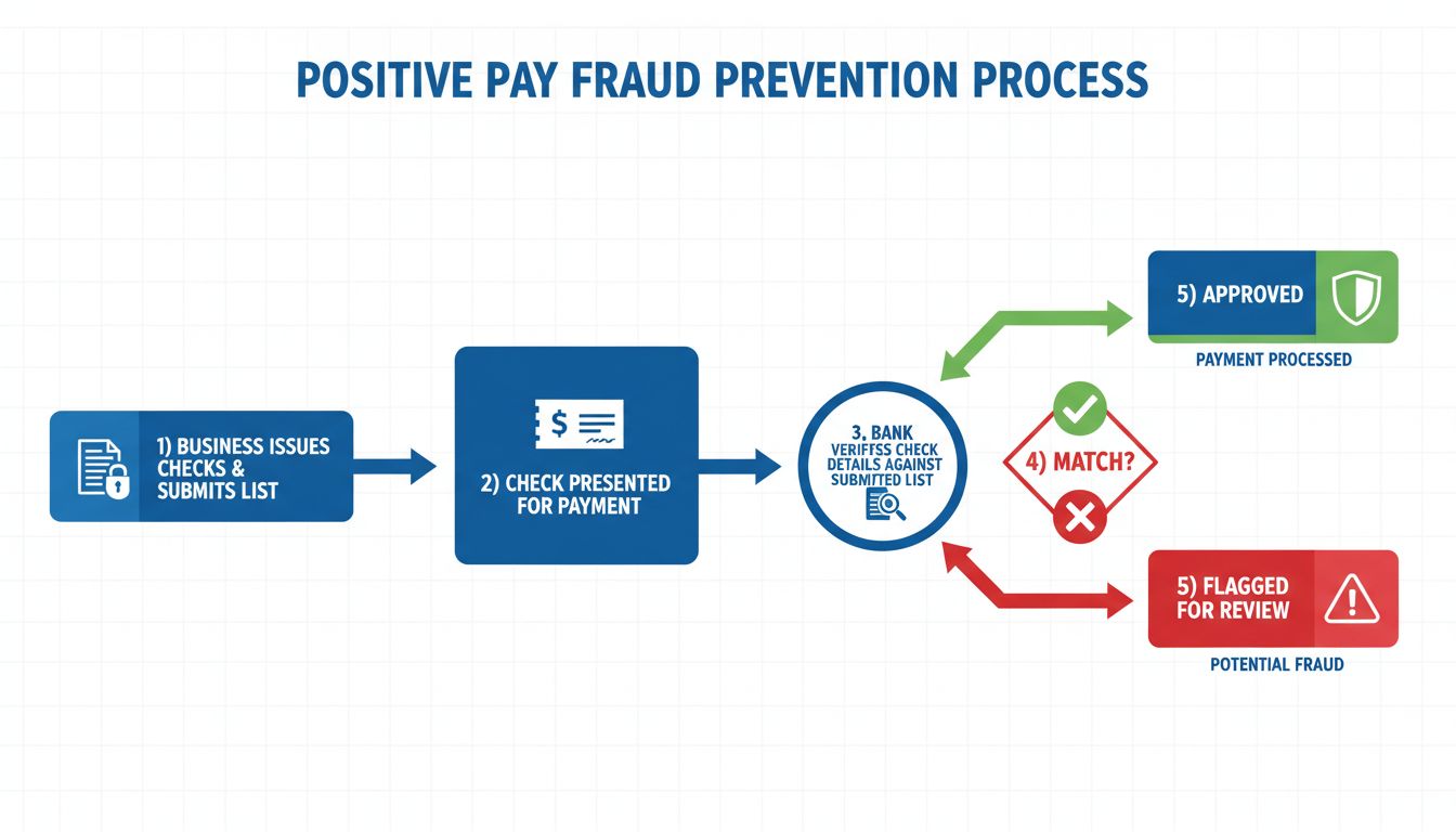 Positive Pay fraudepreventie-procesdiagram dat de stappen van chequeverificatie toont van uitgifte tot goedkeuring of afwijzing