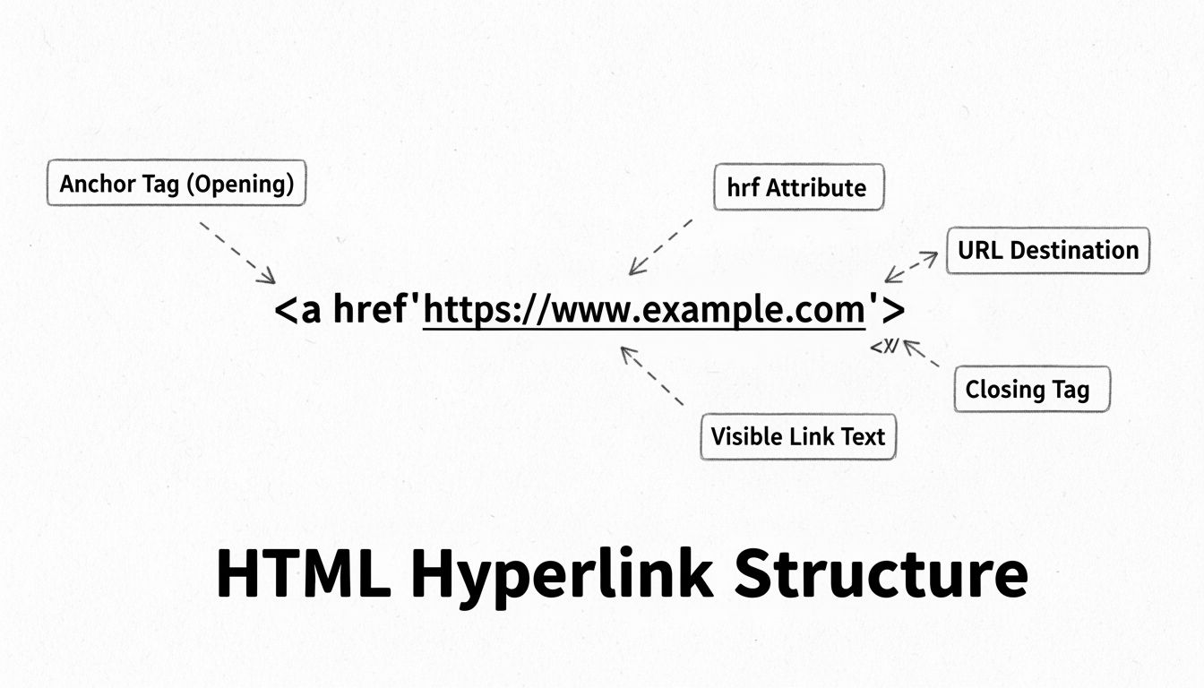 HTML hyperlink structuurdiagram met onderdelen van de ankertag